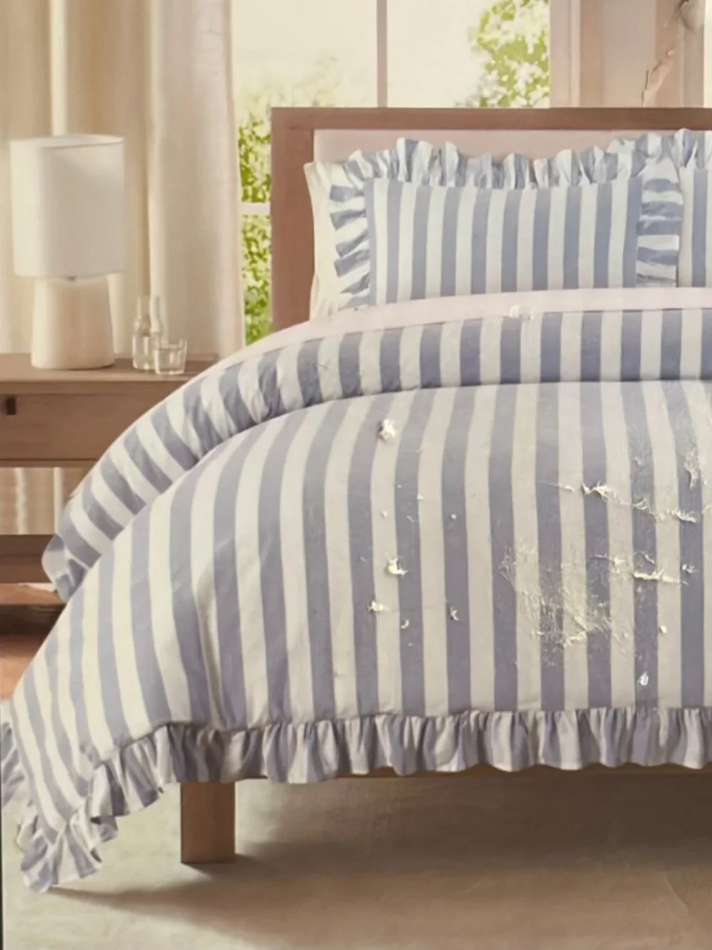 Brooks Brothers Blue & White Stripe Ruffled FULL/QUEEN Size Cotton Duvet Set